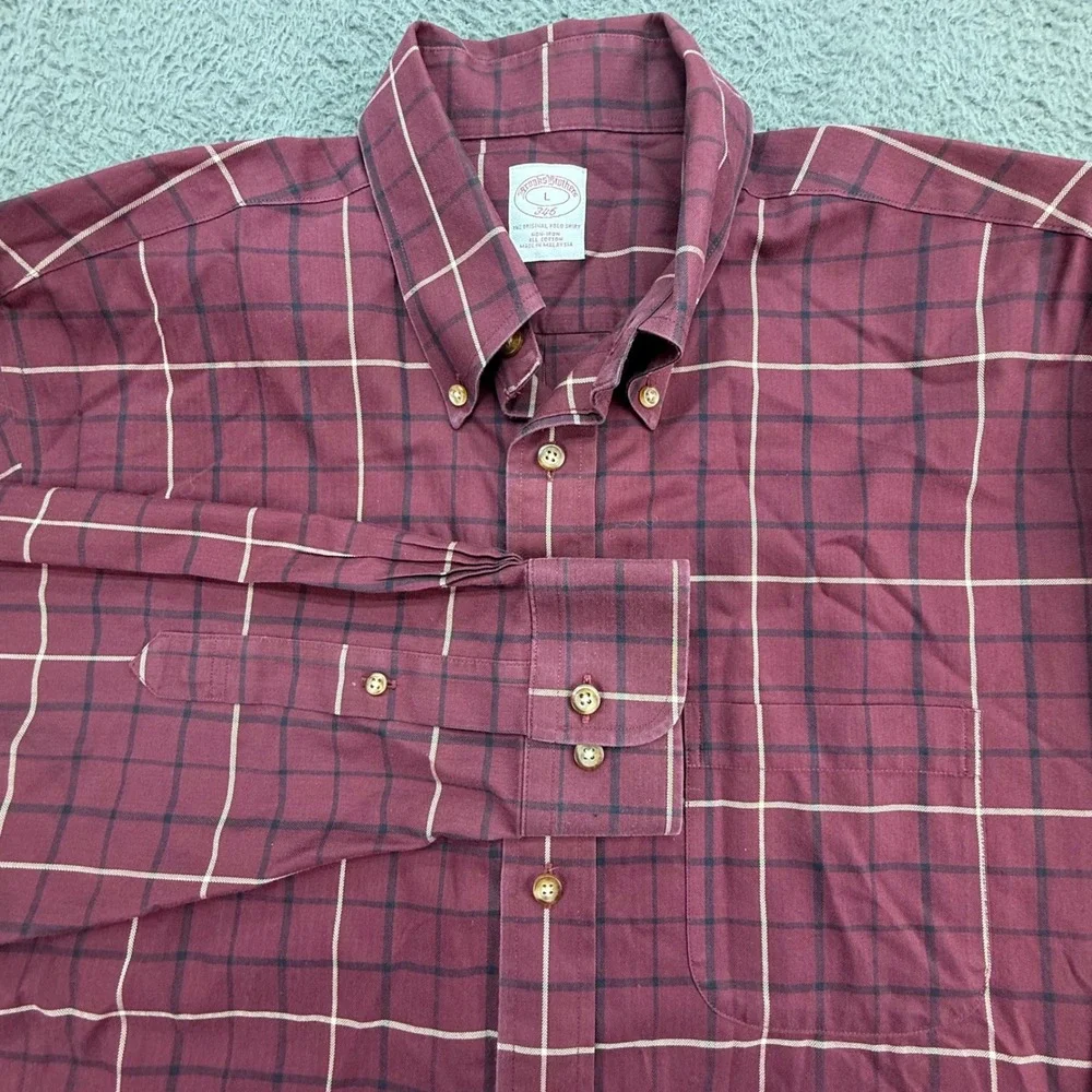 Brooks Brothers Shirt‎ Mens L Burgundy Windowpane Plaid 346 Non-Iron Cotton L/S